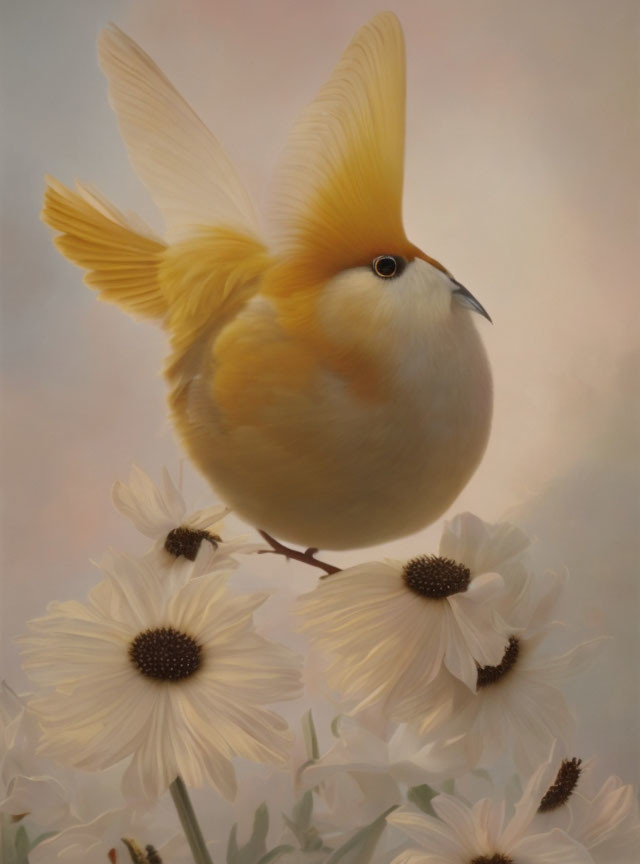Yellow Bird Perched on White Flower in Dreamy Illustration