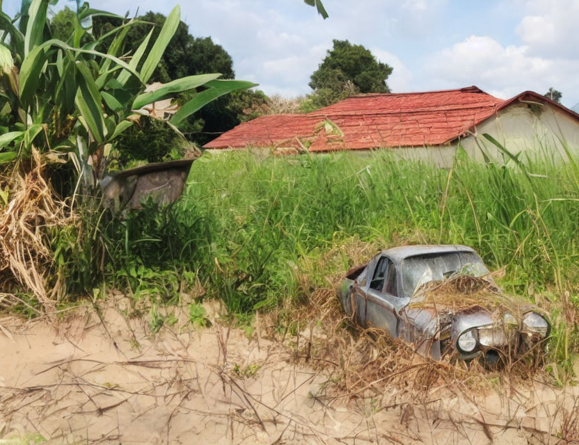 Abandoned car in field with overgrown weeds and dilapidated house