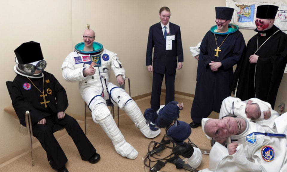 Eclectic Costumes: Astronaut, Clergy & More in Room Laughing and Lying Down