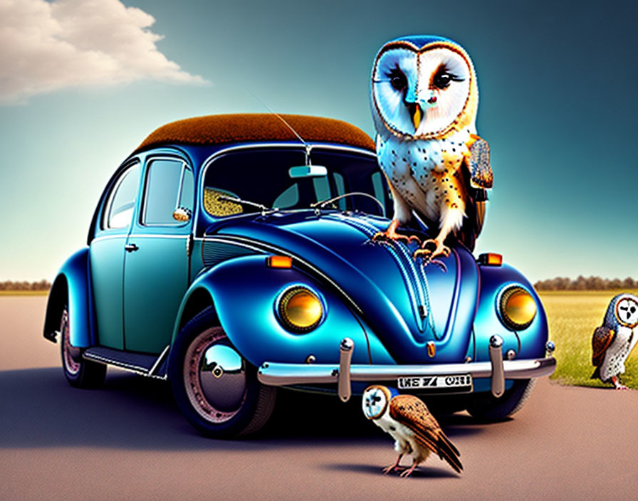 A barn owl and a VW Beetle are best friends