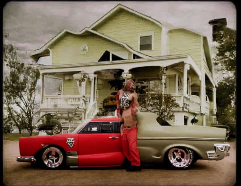 Person in red pants leaning on vintage beige car in front of classic two-story house