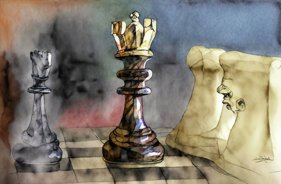 Chess-themed watercolor painting with king, queen, and crumpled paper on colorful background