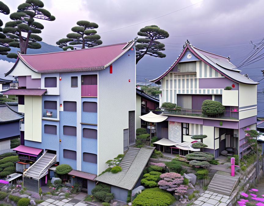 Traditional Japanese homes with pink and white walls, pine trees, and a manicured garden under cloudy sky