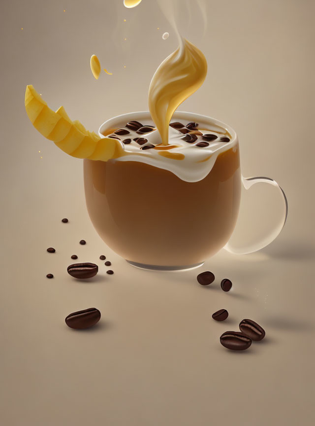 Stylized image of coffee cup with milk splash, steam swirl, sugar cube, and coffee beans