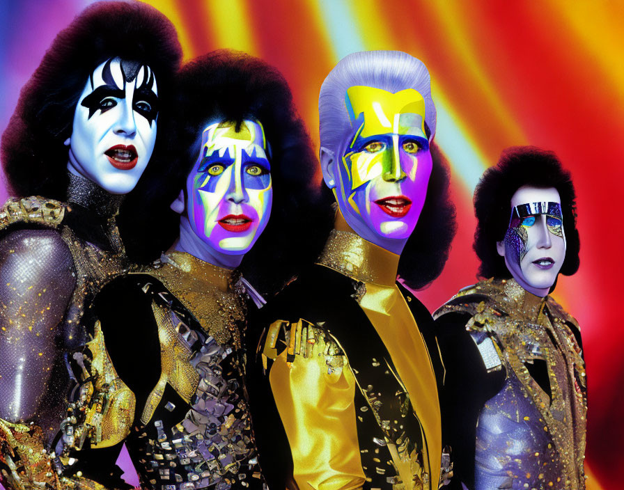 Four individuals in glam rock makeup and shiny costumes on psychedelic background.