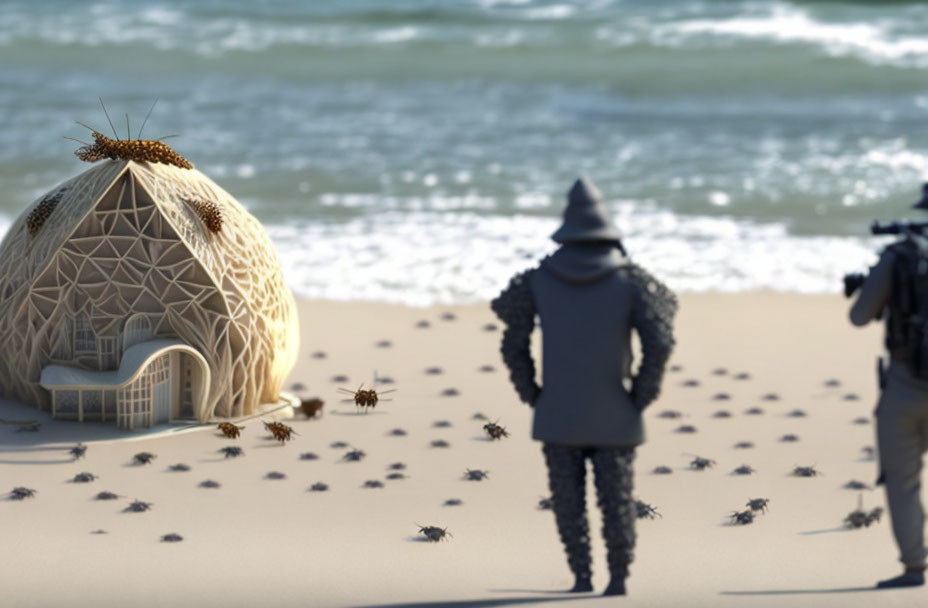 Mysterious figure on beach gazes at dome with bees and honeycomb patterns