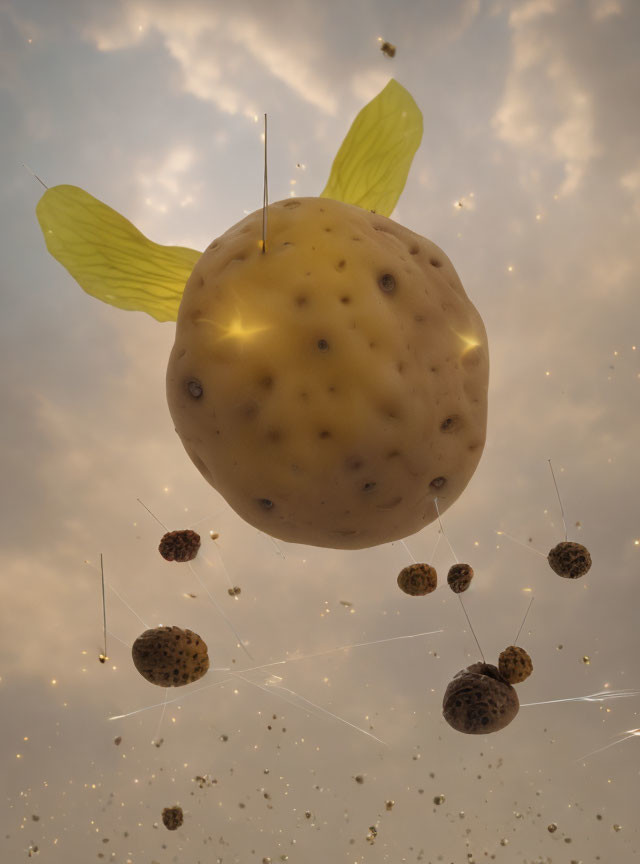 Lemon-like winged object floating among sparkly spheres in the sky