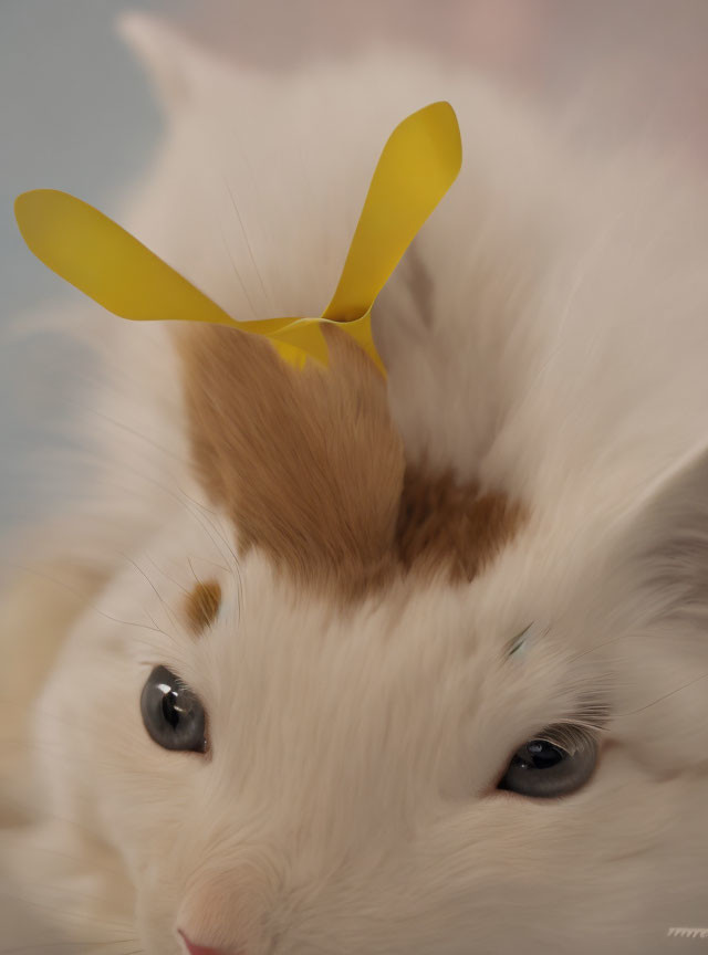White and tan rabbit with yellow ribbon in close-up view