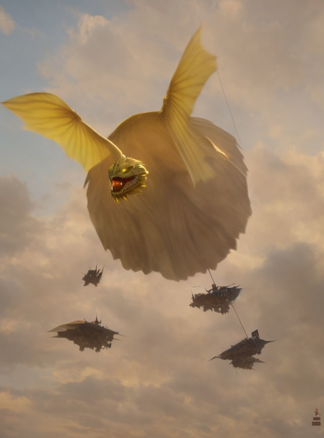 Yellow winged fish-like creature flies over ships in cloudy sky