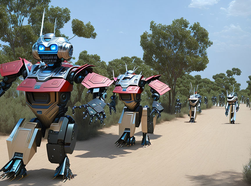 Stylized humanoid and vehicle robots walking in forest setting