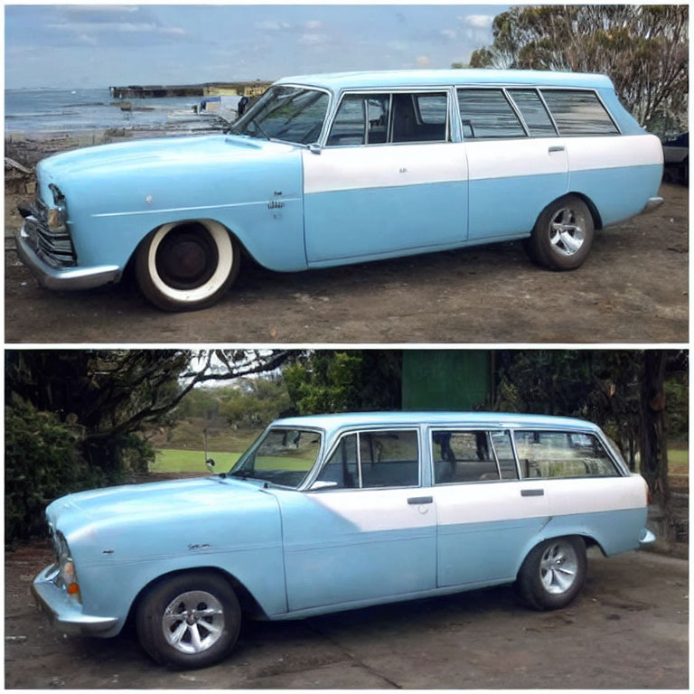 Restored Vintage Blue Station Wagon with Custom Wheels by Water