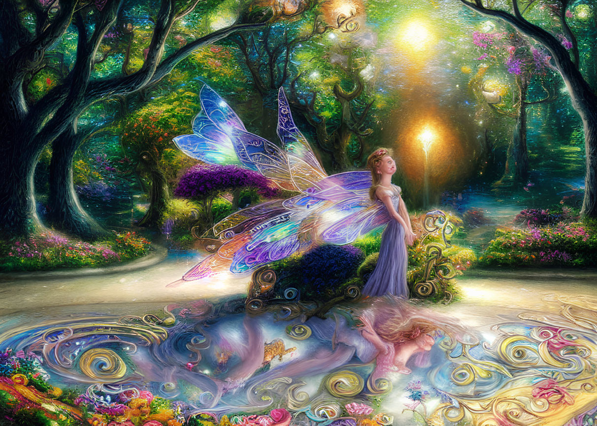Woman with iridescent wings in enchanted forest with soft glowing light
