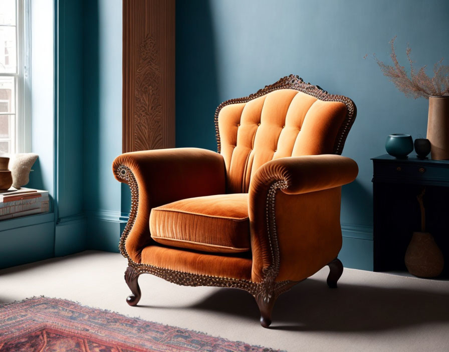 Vintage Orange Velvet Armchair with Wooden Details in Blue Room