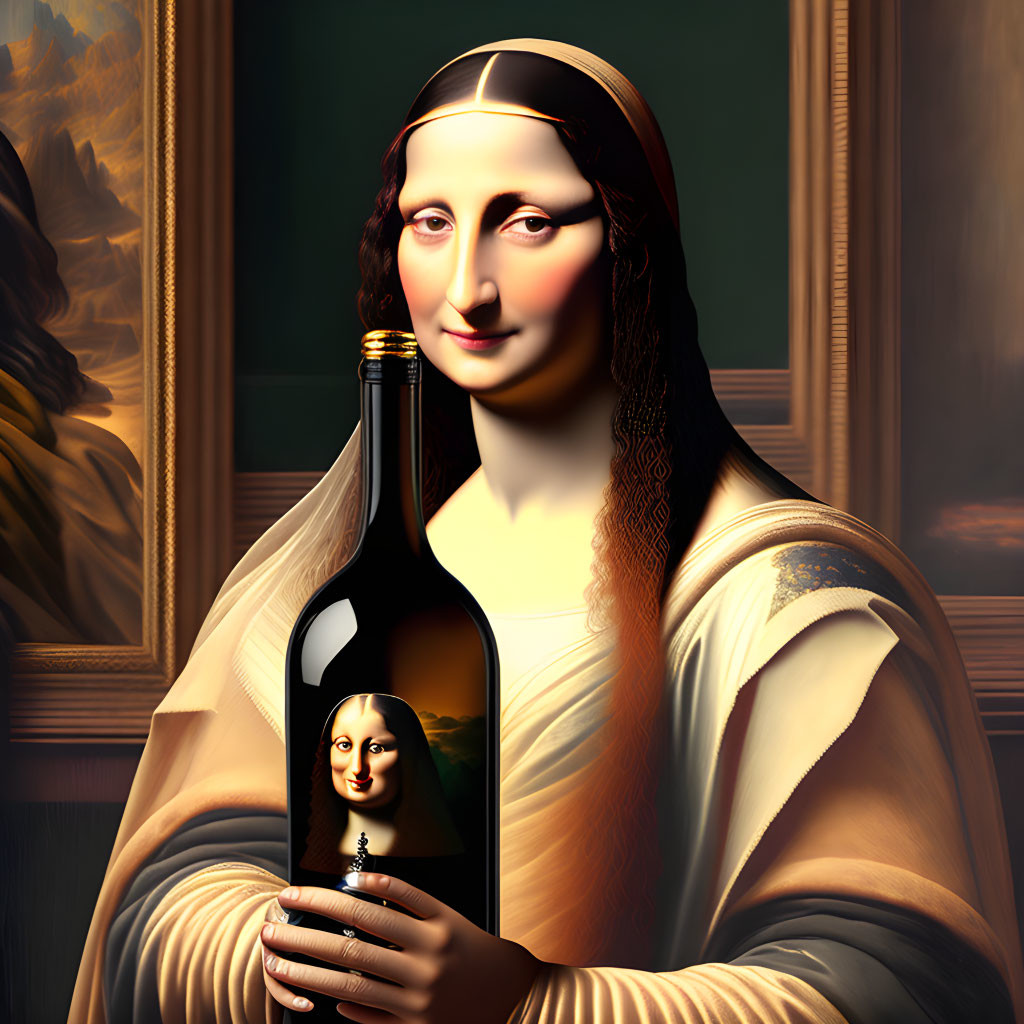 Mona Lisa with a bottle of wine
