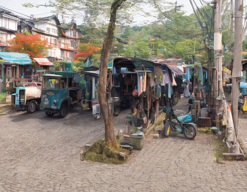 Clothes drying among tuk-tuks and buildings in urban scene