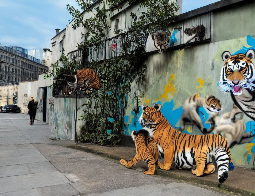 Colorful Tiger Street Art Mural with Urban Background