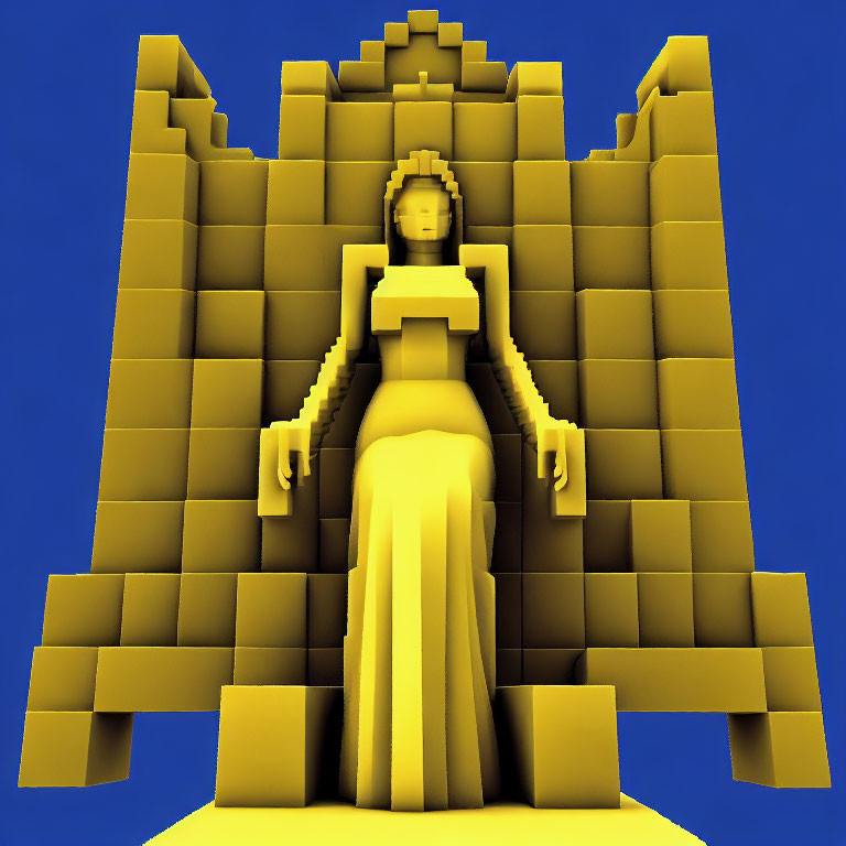 Golden 3D Seated Woman Sculpture in Front of Temple Structure