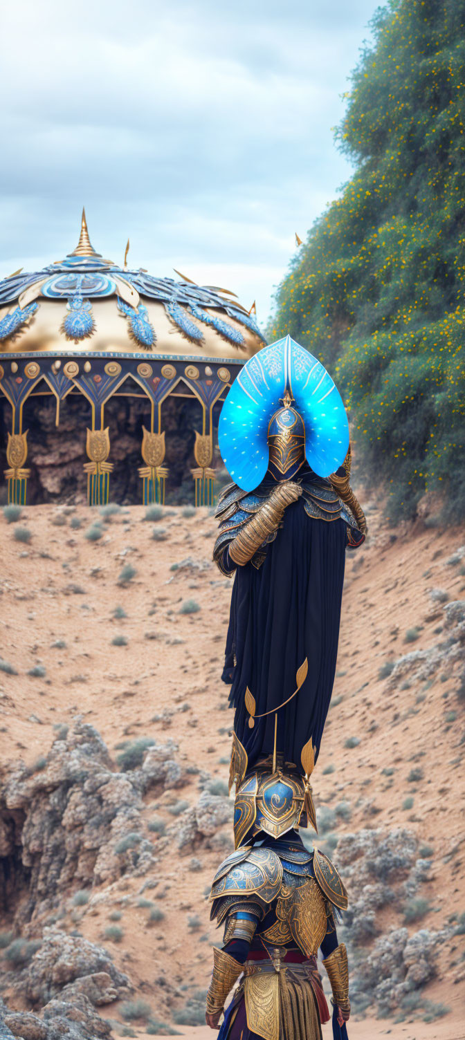 Elaborate blue and gold armored person with shield in desert camp.