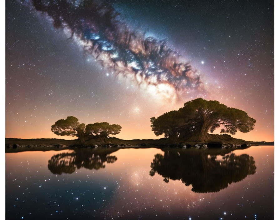 Starry night sky over silhouetted trees and calm waters