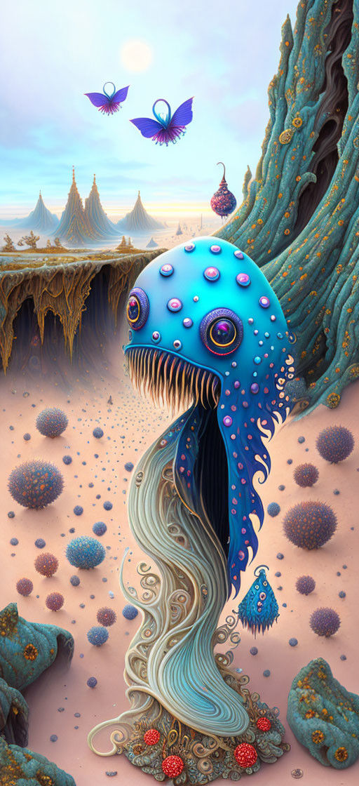 Colorful surreal artwork: Octopus creature, multiple eyes, fantastical landscape, floating elements, butterfly