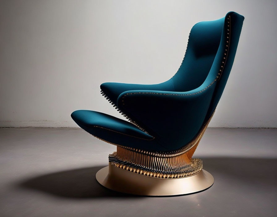Modern Dark Blue Armchair with Gold Base on Plain Background