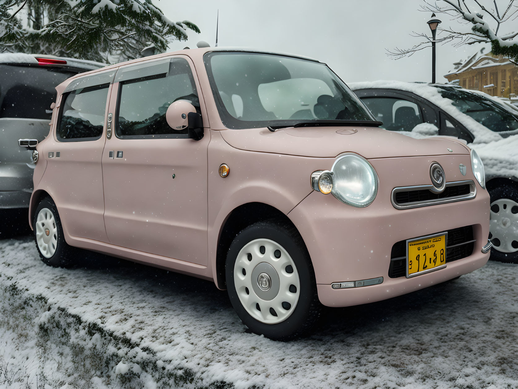 Pink compact car with unique design parked on snowy road, snowflakes visible.