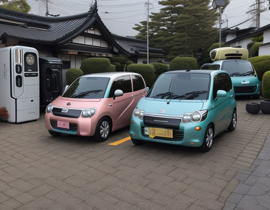 Compact cars parked near traditional Japanese architecture with electric car charging station.