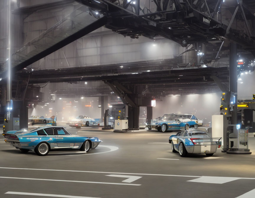 Classic Cars Exhibition in Moody Industrial Setting