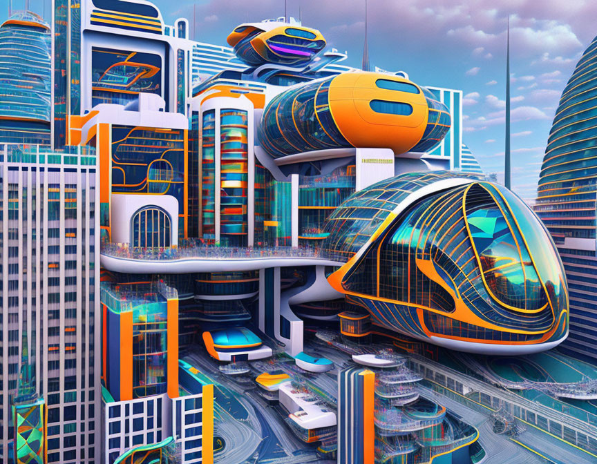 Vibrant futuristic cityscape with interconnected high-rise buildings
