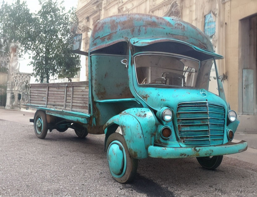 Vintage Blue Mercedes Truck with Patina on Paving Stone Street