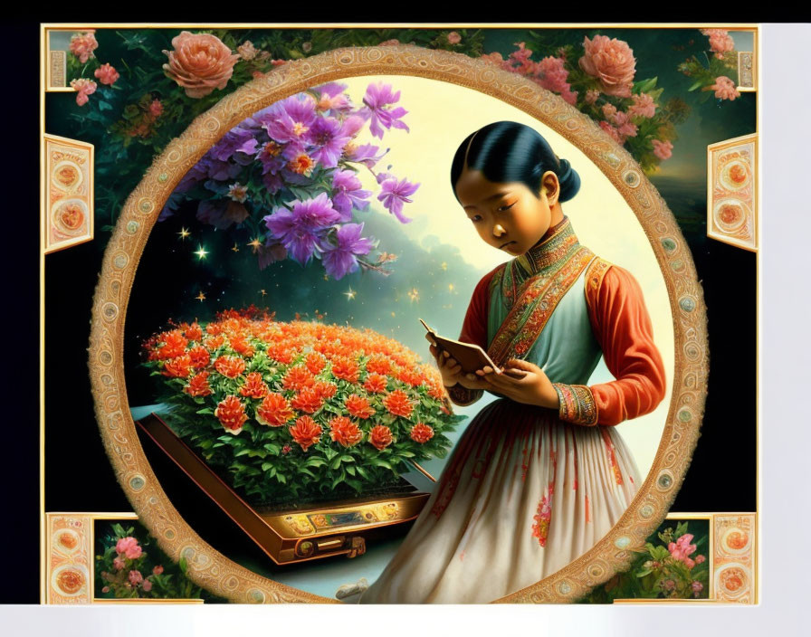 Serene painting of girl reading book in ornate circular frame