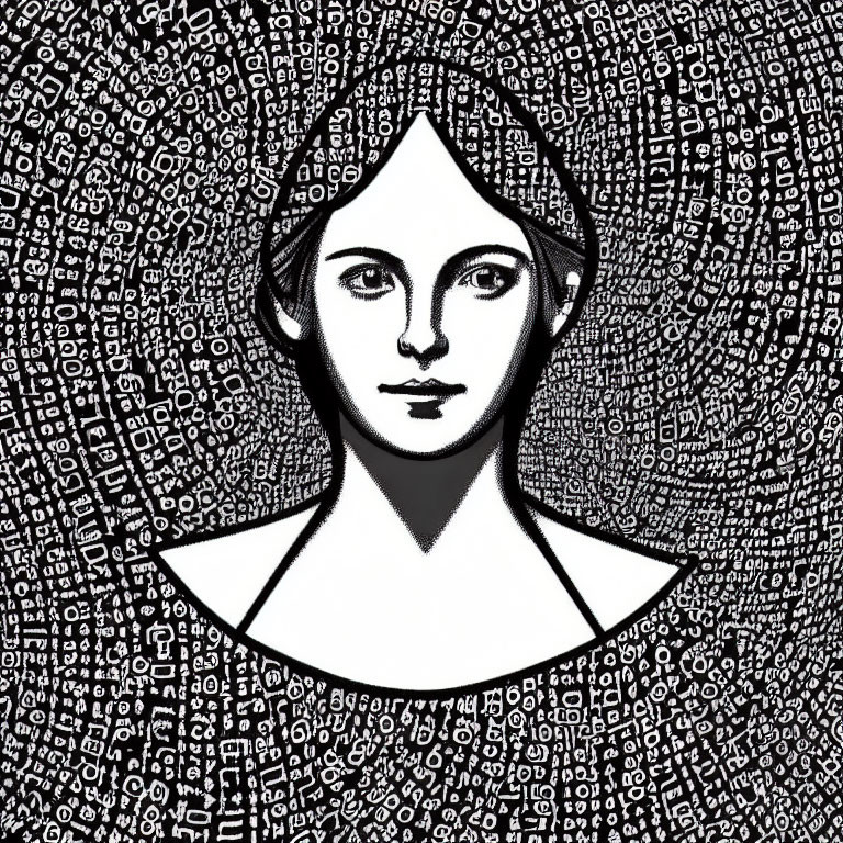 Monochrome woman's face with letters and numbers in circular design