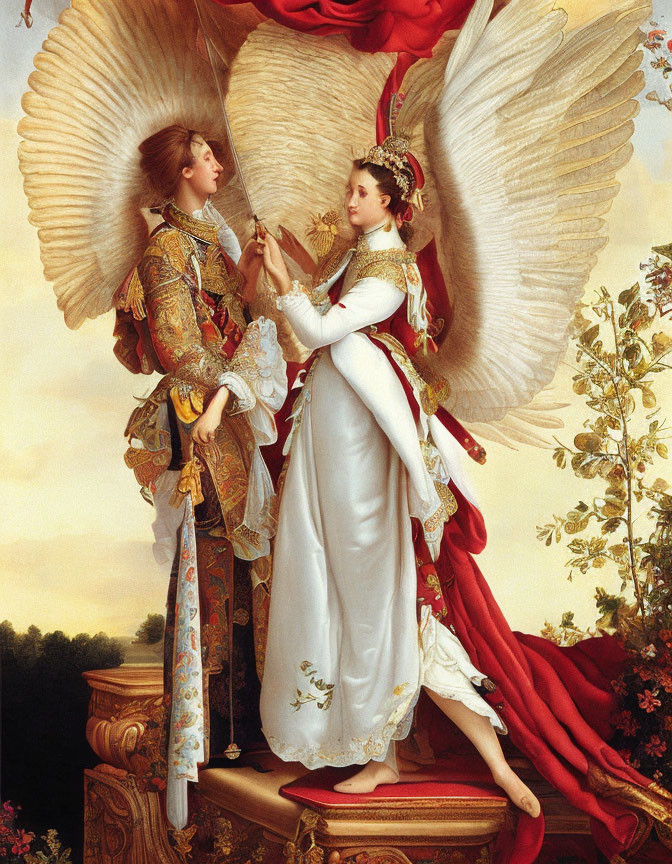 Opulent painting of man and woman in regal attire exchanging glance