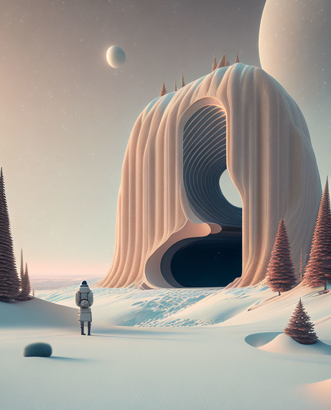 Astronaut in surreal landscape with flowing structure and crescent moon