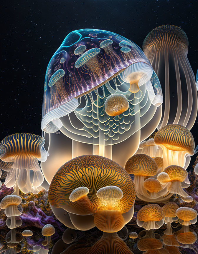 Bioluminescent jellyfish digital artwork in starry underwater scene