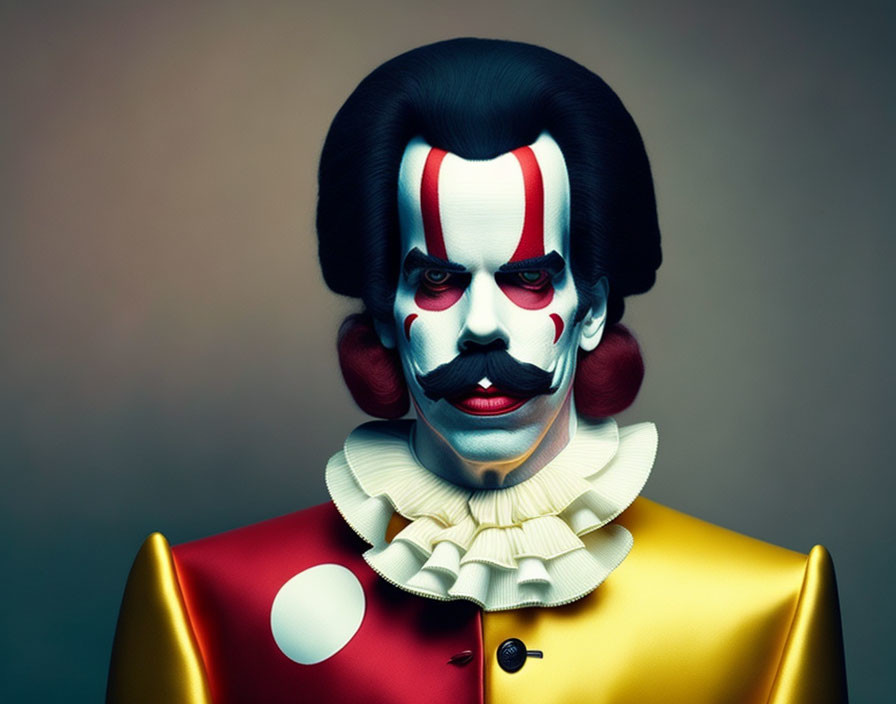 Stylized portrait of a clown with white face and red nose