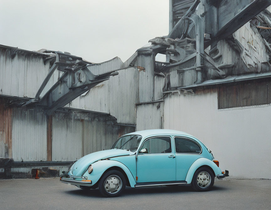 Vintage Light Blue Volkswagen Beetle Parked in Front of Industrial Metal Building