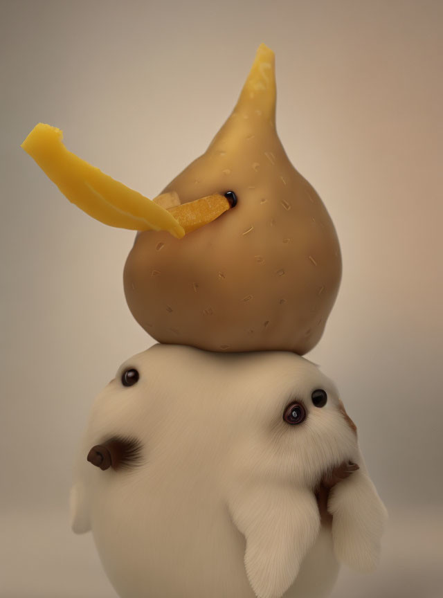 Potato with legs on fluffy creature, french fry as decoration