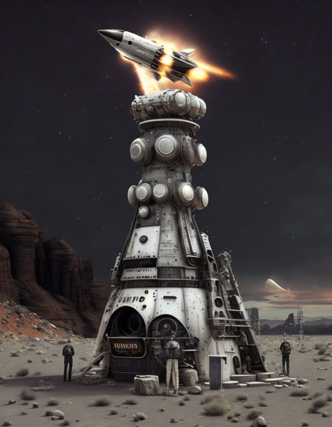 Rocket launch from tower in rocky landscape with figures and distant planet.