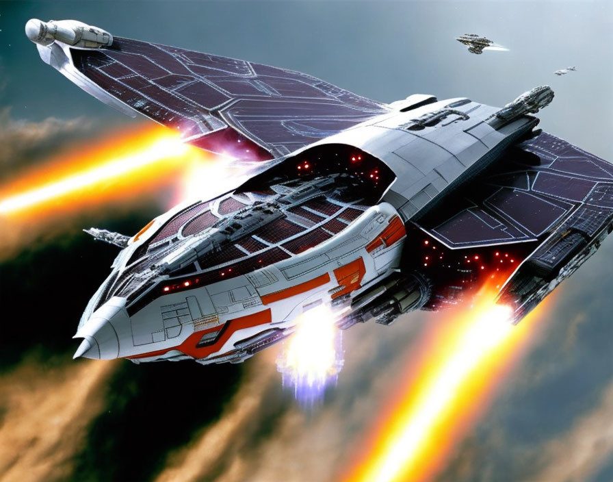 Detailed futuristic spaceship in red and white, amidst fleet, in cosmic scene
