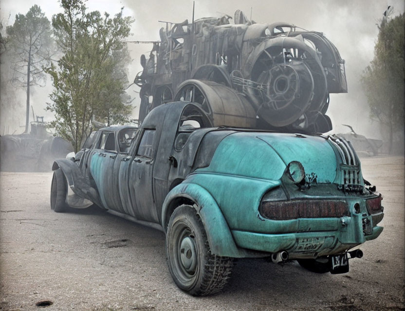 Customized car with oversized exhausts in post-apocalyptic scene