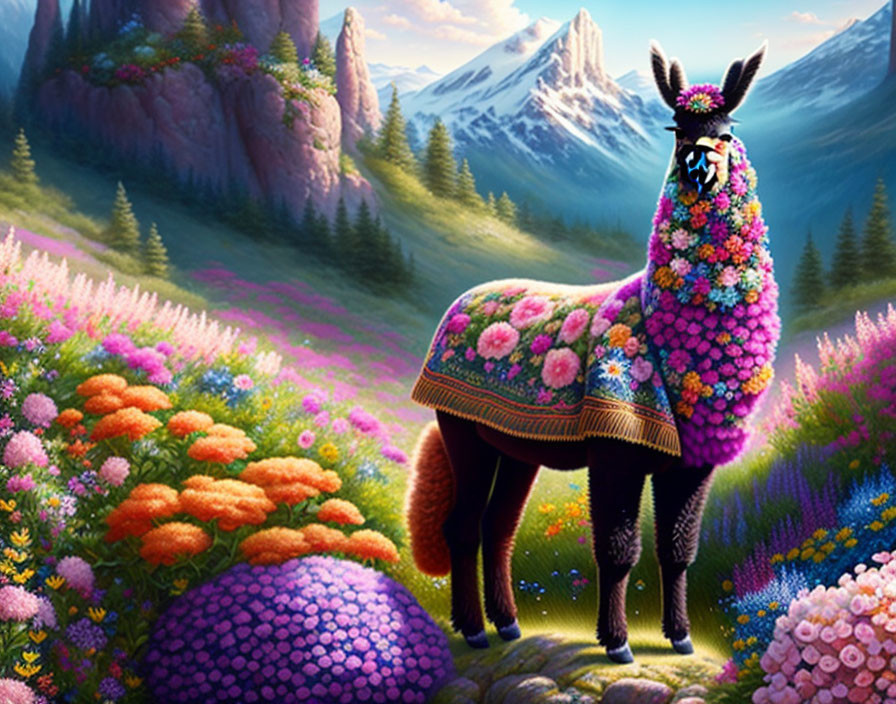 Colorful llama with flowers in lush meadow against mountains