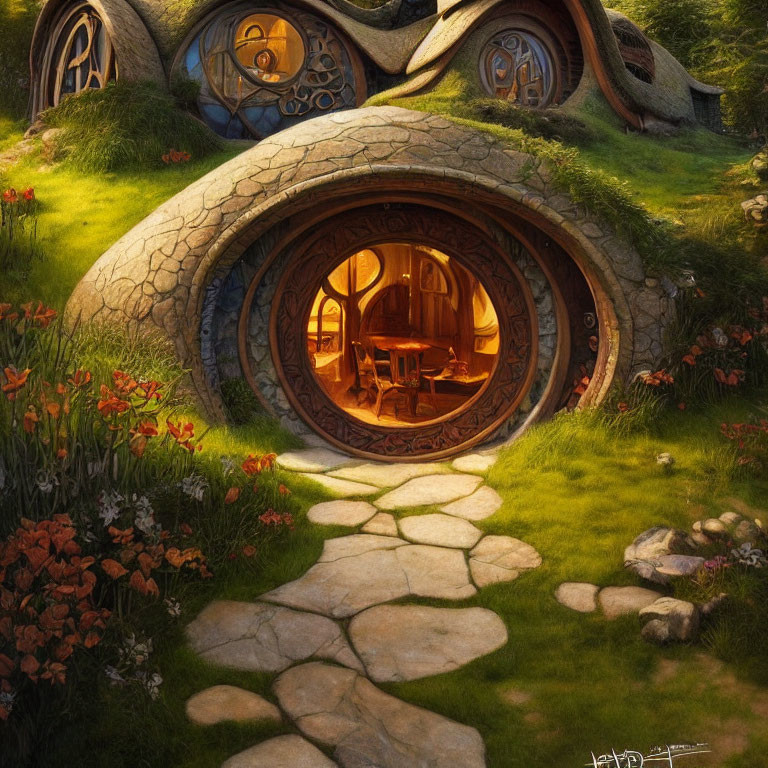 Circular door hobbit-hole nestled in lush hillside
