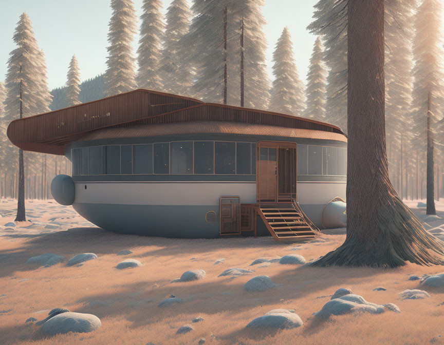 Futuristic UFO-shaped house in snowy forest with tall pine trees