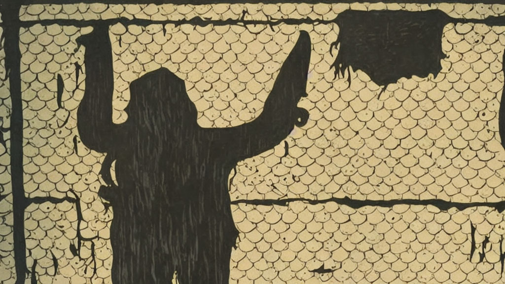 Silhouetted figure with raised arms on mosaic-like background