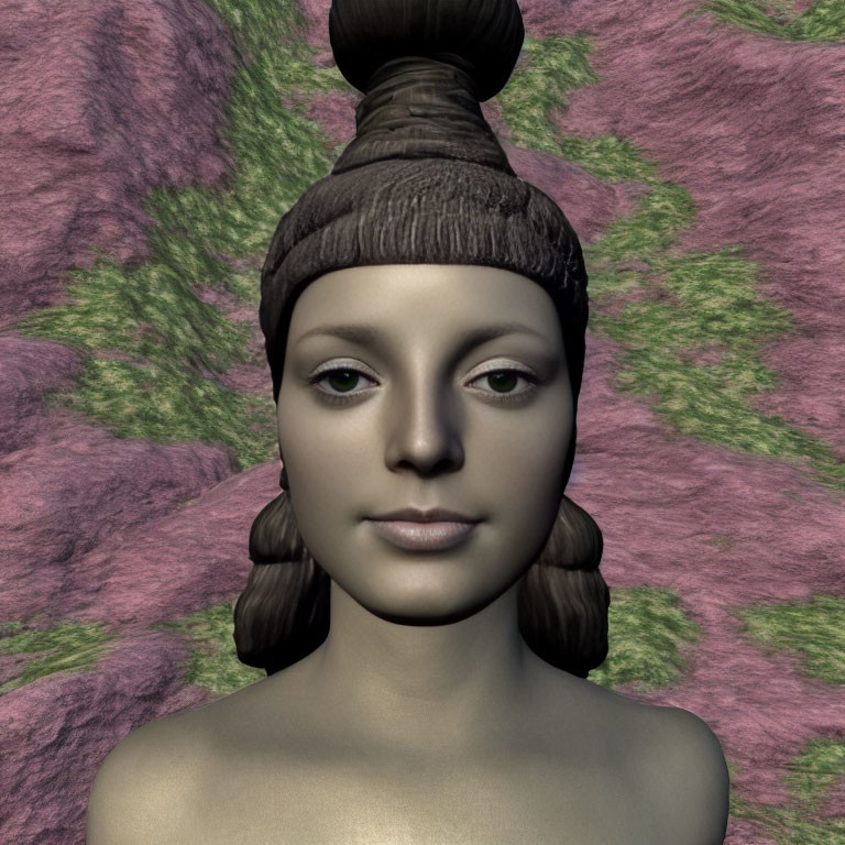 3D rendering of woman's face with unique hairstyle on pink and green backdrop