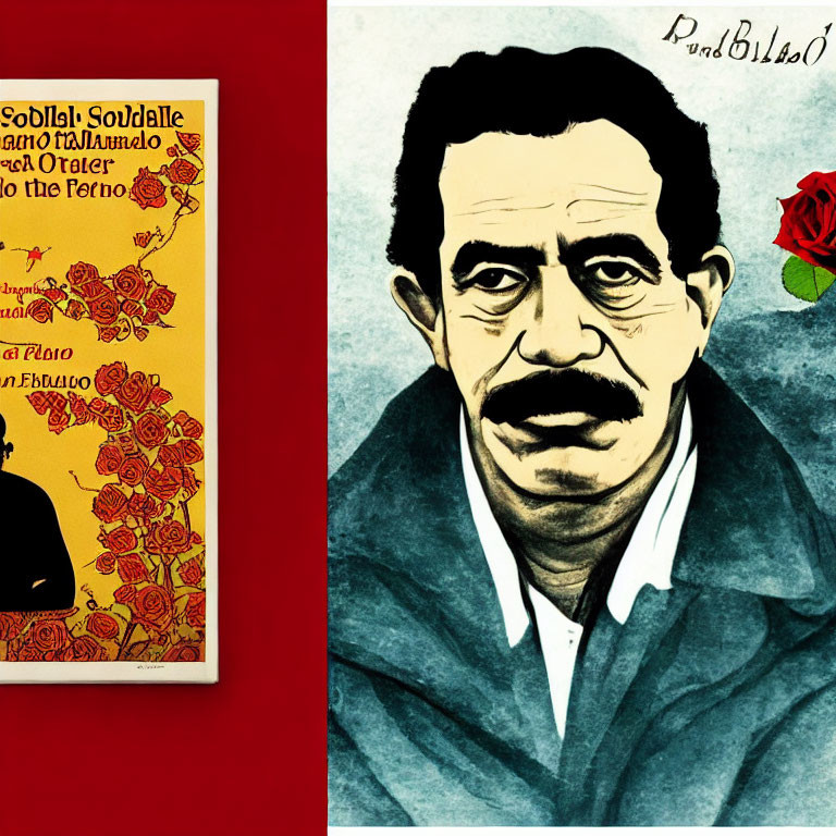 Man with Mustache in White Shirt and Jacket, Red Rose, Signature, and Vibrant Poster