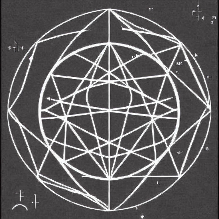 White-lined geometric diagram with symbols and numbers on dark background