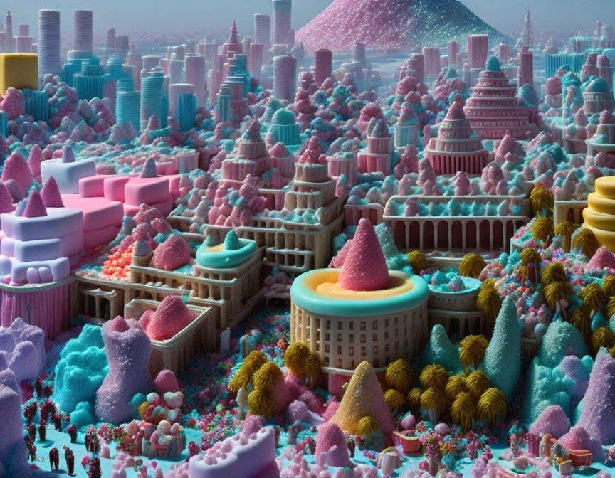 Colorful Candy-Cityscape with Dessert Buildings and Crowded Streets