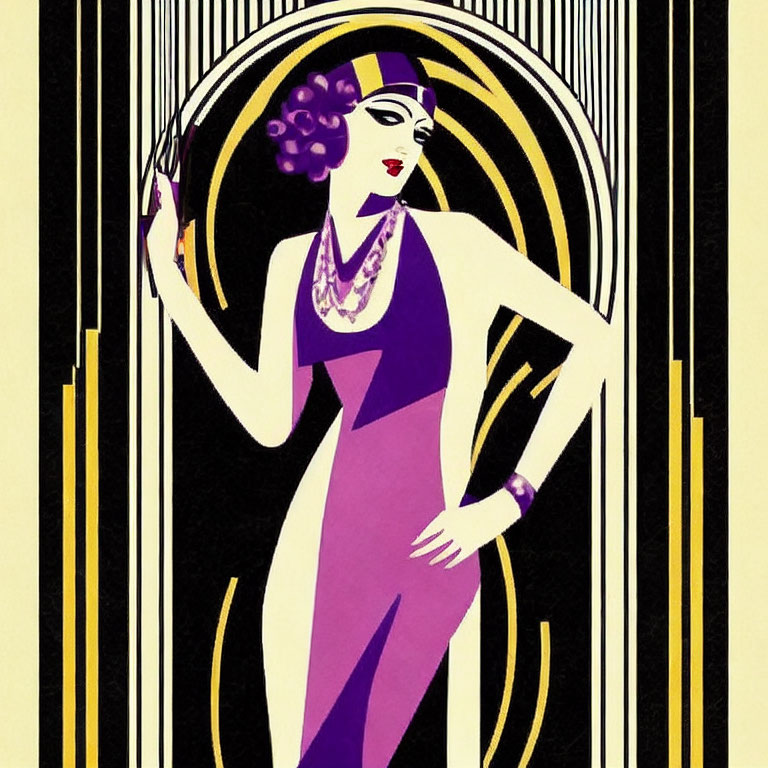 Woman in 1920s Art Deco attire with cigarette holder against geometric backdrop